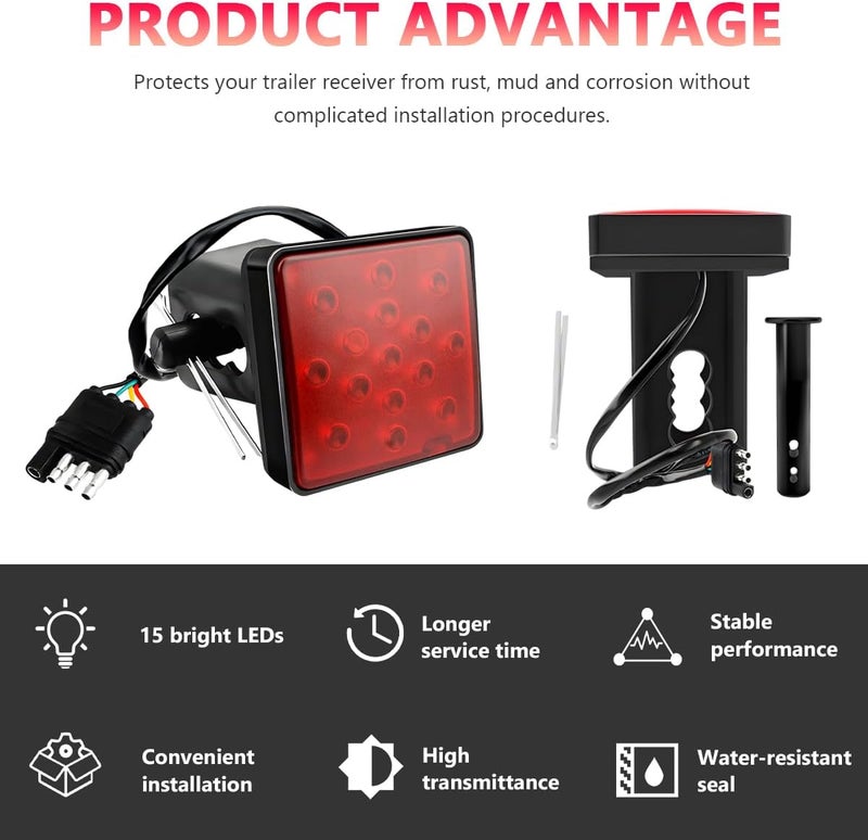 NYTKL 15 LED Brake Light Trailer Hitch Cover, Smoked Lens Square Brake Tail Light w/Trailer Adapter Pin, 12V Super Bright LED Towing Hitch Lighting Accessories Fit 2" Receiver (Red) - Image 5